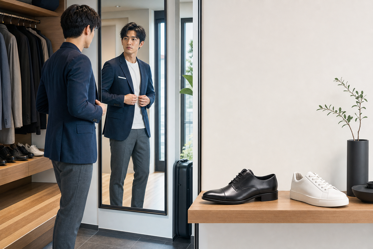 成人男性がビジネス靴とスニーカーを比較する様子